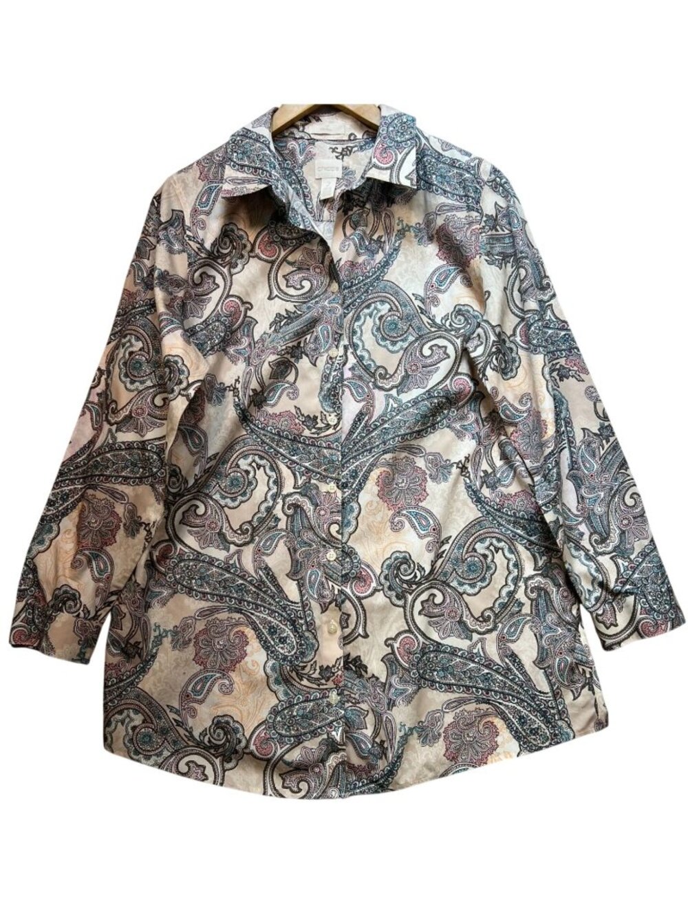 Chico's Women's Cotton Button Down Shirt Long Sleeve Size 2 Beige Blue Paisley